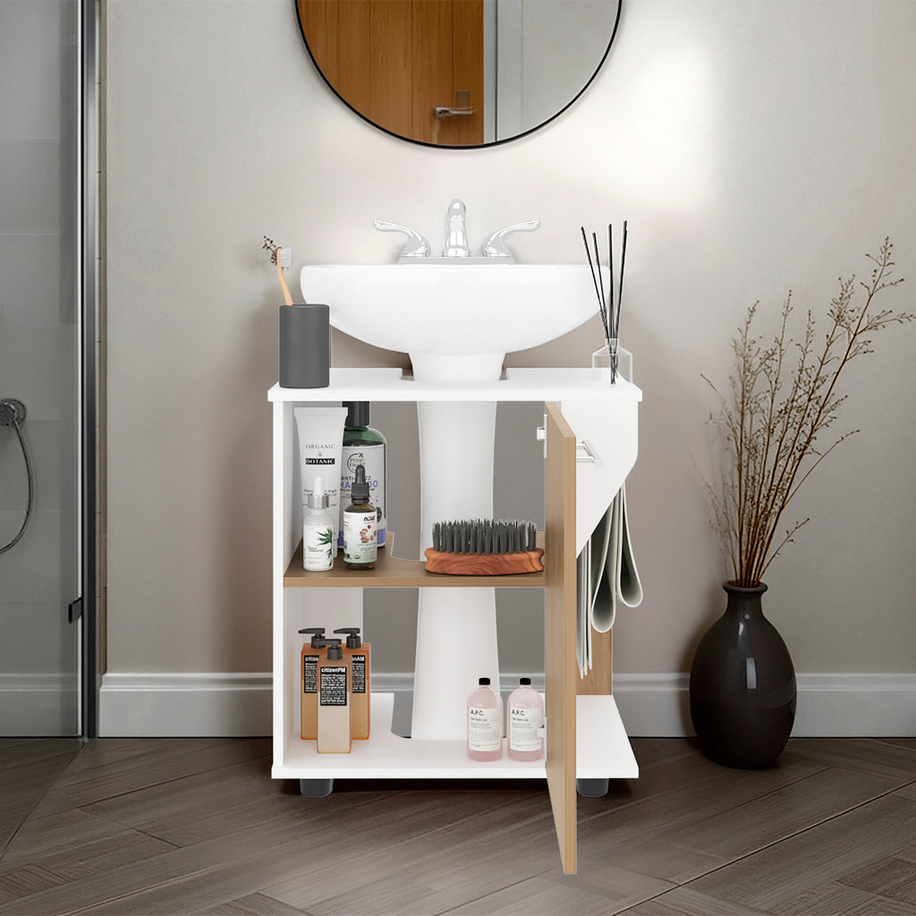 Modern Under Sink Storage Cabinet for Pedestal Sink, Compact Bathroom Organizer with Side Compartment, White and Natural Oak