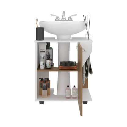 Modern Under Sink Storage Cabinet for Pedestal Sink, Compact Bathroom Organizer with Side Compartment, White and Natural Oak
