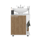 Modern Under Sink Storage Cabinet for Pedestal Sink, Compact Bathroom Organizer with Side Compartment, White and Natural Oak