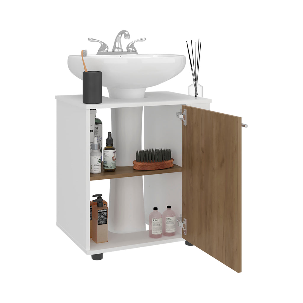 Modern Under Sink Storage Cabinet for Pedestal Sink, Compact Bathroom Organizer with Side Compartment, White and Natural Oak