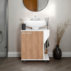 Modern Under Sink Storage Cabinet for Pedestal Sink, Compact Bathroom Organizer with Side Compartment, White and Natural Oak