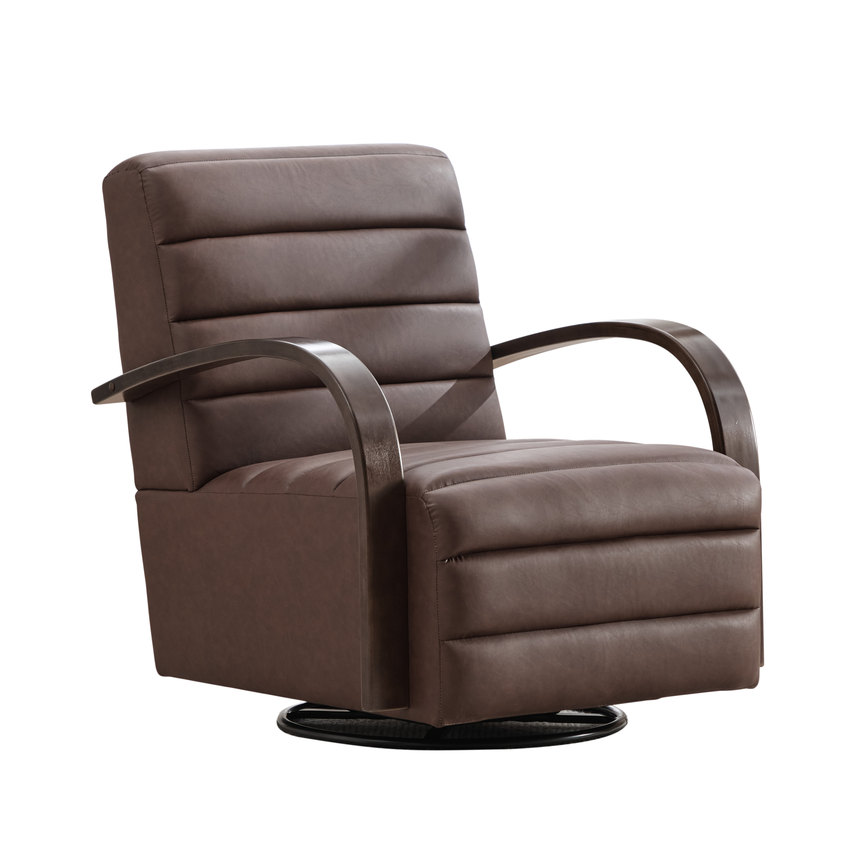 Modern Upholstered 360° Swivel Accent Chair with Solid Wood Armrests, Comfy Channel Tufted Lounge, Brown