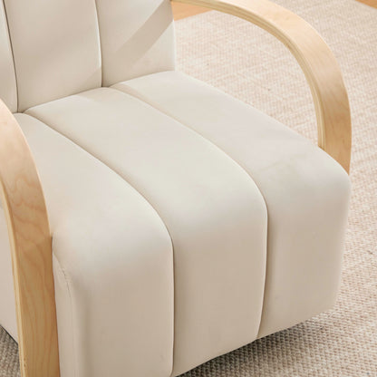 Modern Upholstered 360° Swivel Accent Chair with Solid Wood Armrests, Comfy Channel Tufted Lounge Chair in Beige