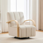 Modern Upholstered 360° Swivel Accent Chair with Solid Wood Armrests, Comfy Channel Tufted Lounge Chair in Beige