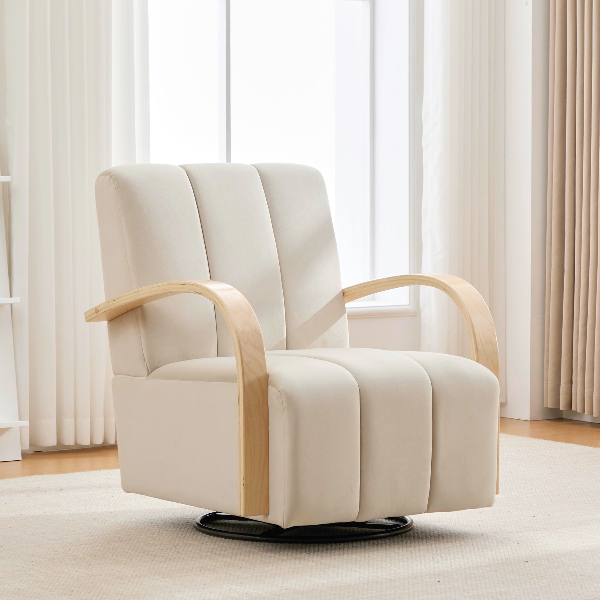 Modern Upholstered 360° Swivel Accent Chair with Solid Wood Armrests, Comfy Channel Tufted Lounge Chair in Beige