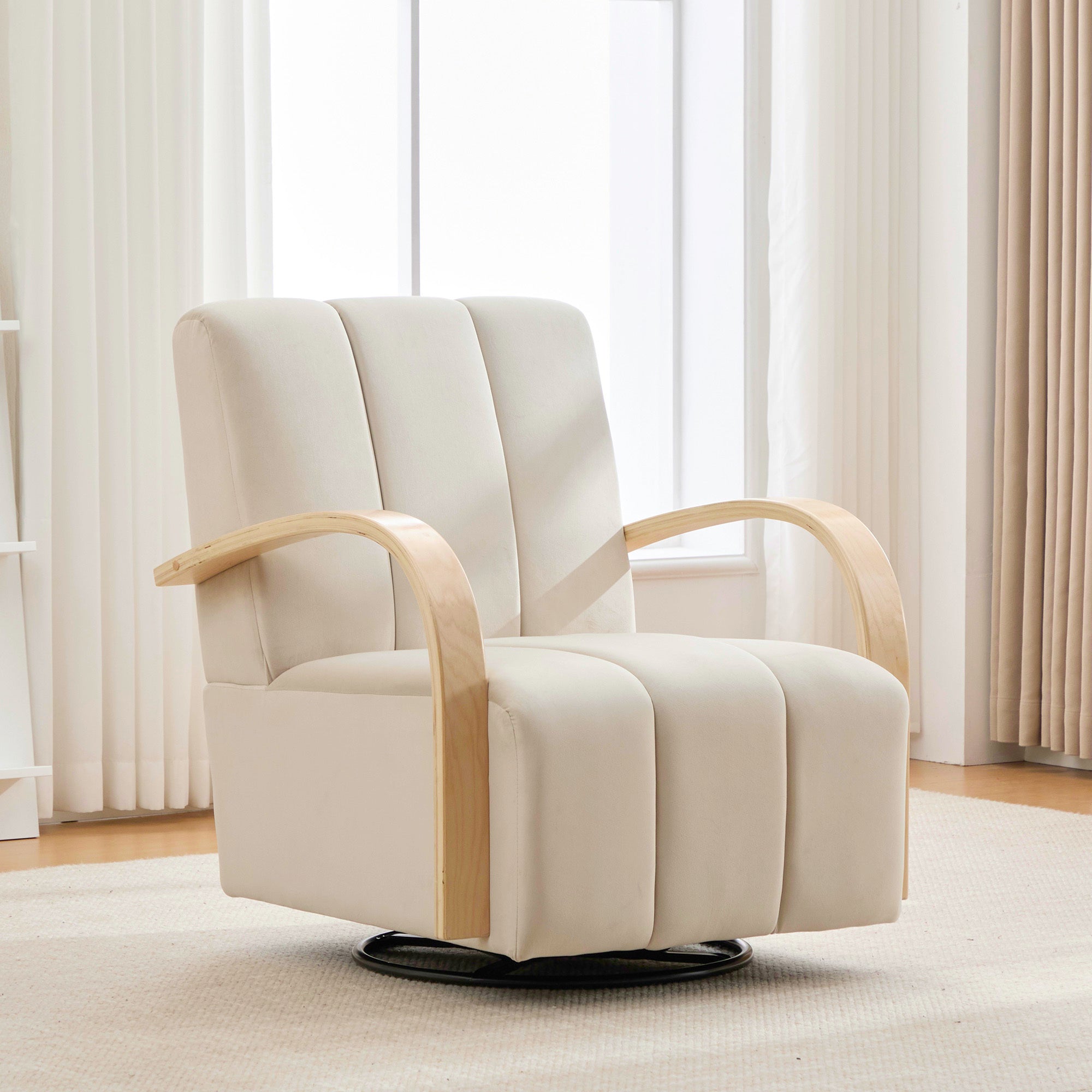 Modern Upholstered 360° Swivel Accent Chair with Solid Wood Armrests, Comfy Channel Tufted Lounge Chair in Beige