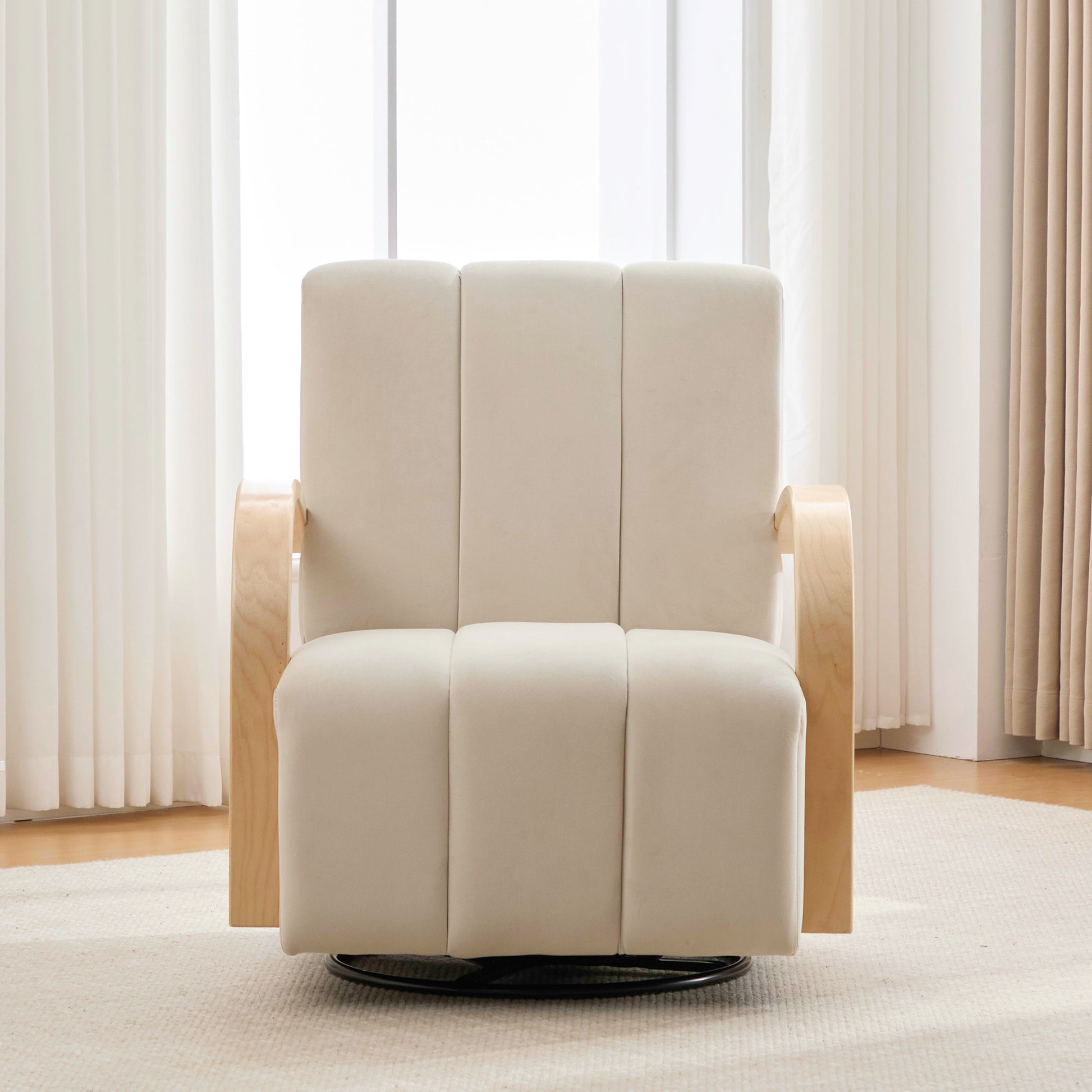 Modern Upholstered 360° Swivel Accent Chair with Solid Wood Armrests, Comfy Channel Tufted Lounge Chair in Beige