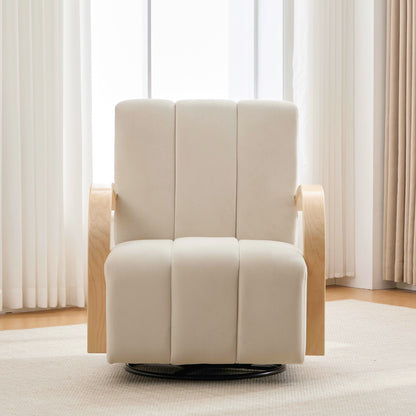 Modern Upholstered 360° Swivel Accent Chair with Solid Wood Armrests, Comfy Channel Tufted Lounge Chair in Beige