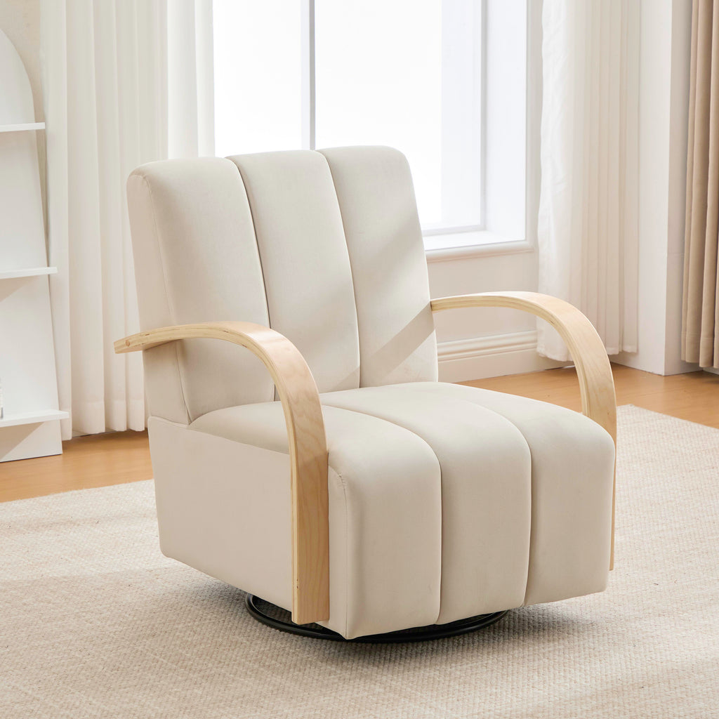 Modern Upholstered 360° Swivel Accent Chair with Solid Wood Armrests, Comfy Channel Tufted Lounge Chair in Beige