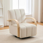 Modern Upholstered 360° Swivel Accent Chair with Solid Wood Armrests, Comfy Channel Tufted Lounge Chair in Beige