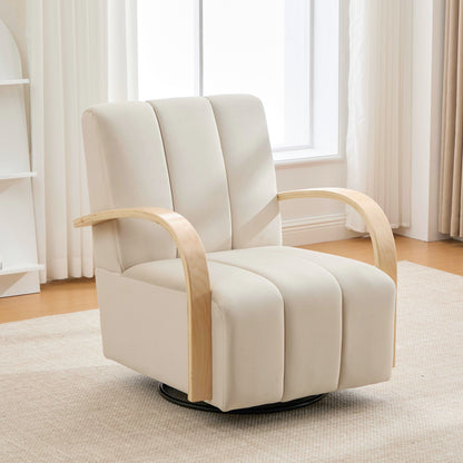 Modern Upholstered 360° Swivel Accent Chair with Solid Wood Armrests, Comfy Channel Tufted Lounge Chair in Beige
