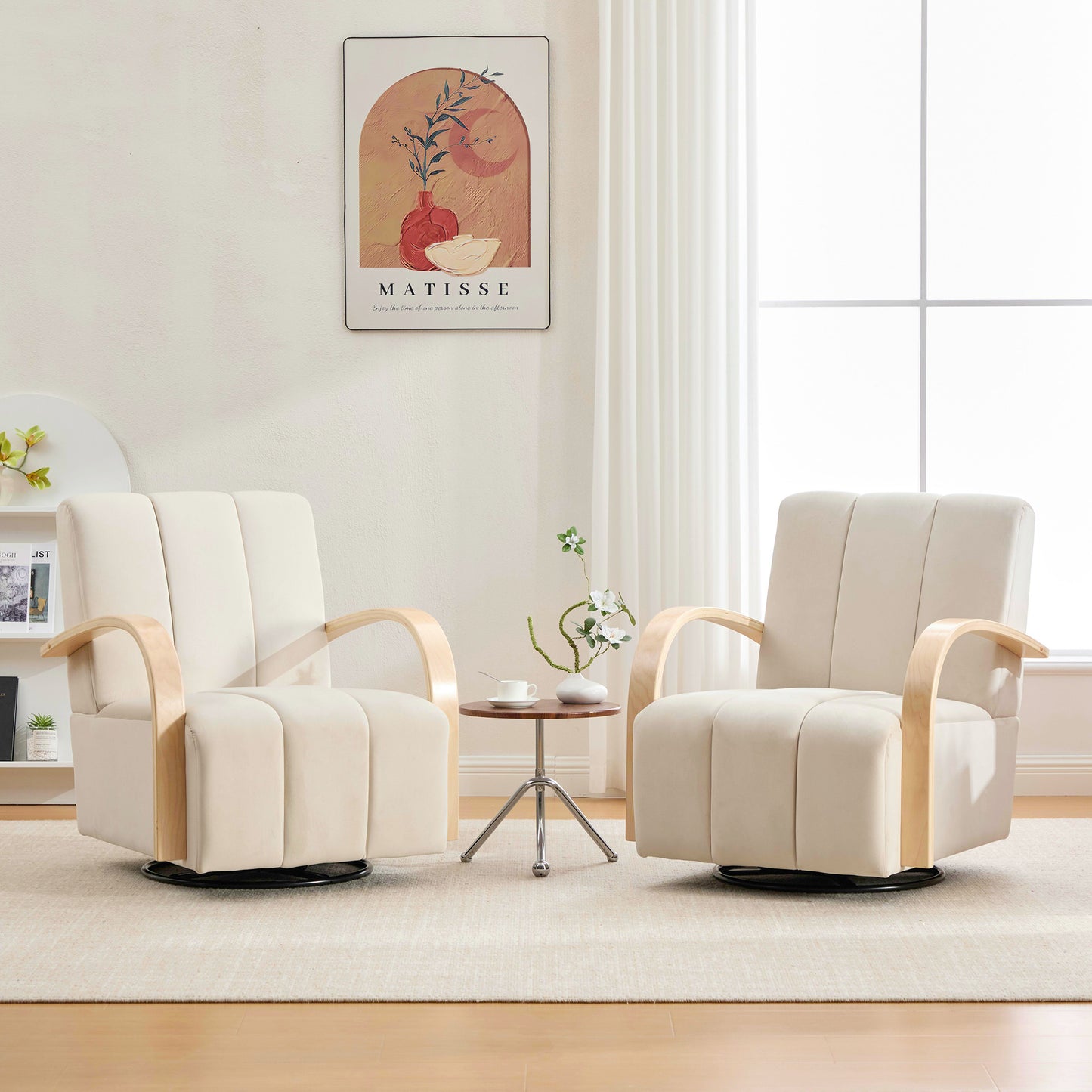 Modern Upholstered 360° Swivel Accent Chair with Solid Wood Armrests, Comfy Channel Tufted Lounge Chair in Beige