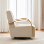 Modern Upholstered 360° Swivel Accent Chair with Solid Wood Armrests, Comfy Channel Tufted Lounge Chair in Beige