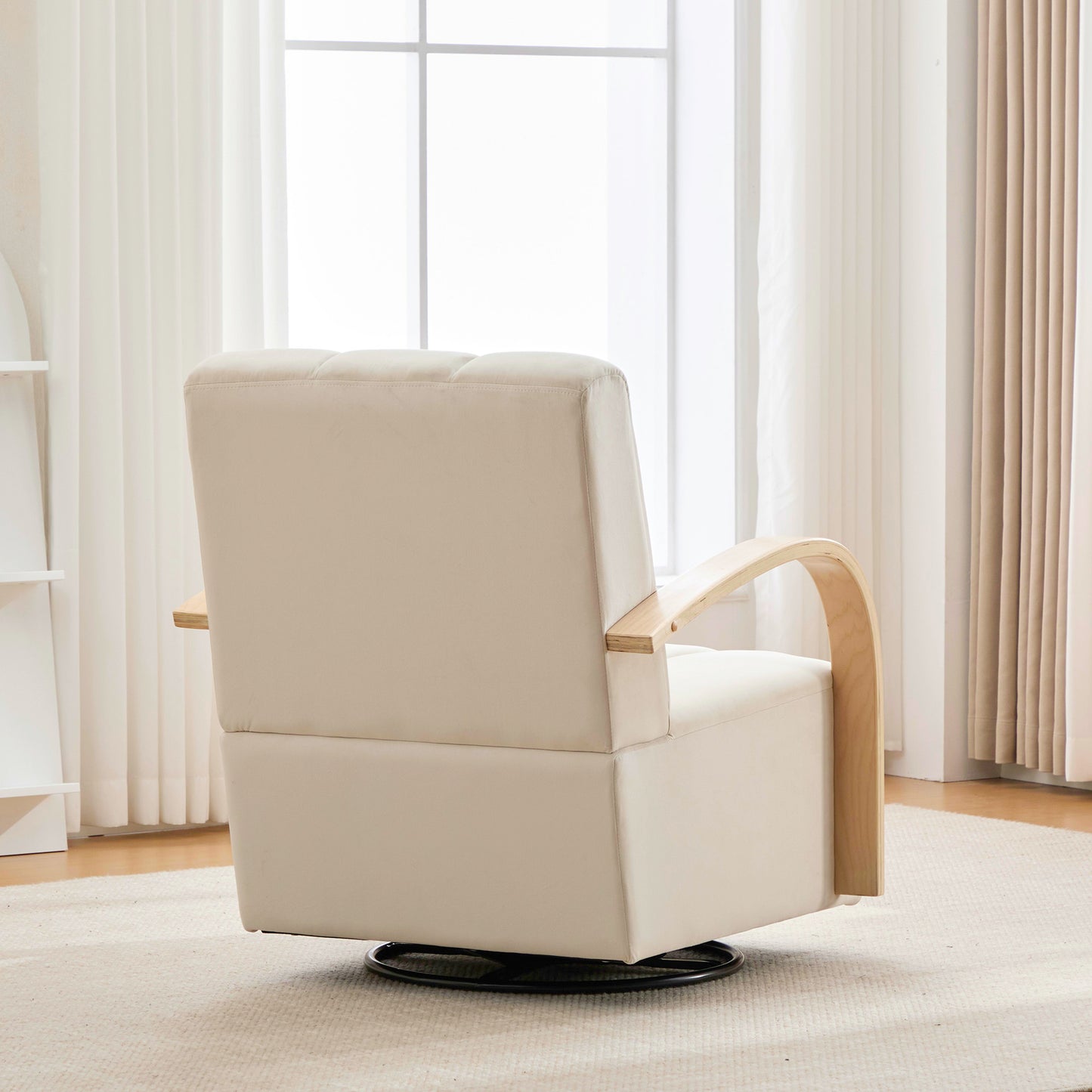 Modern Upholstered 360° Swivel Accent Chair with Solid Wood Armrests, Comfy Channel Tufted Lounge Chair in Beige