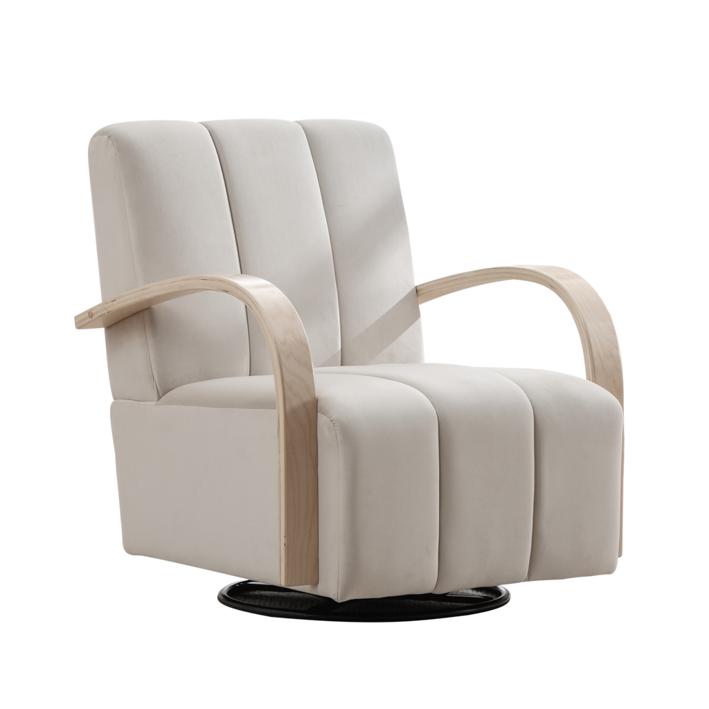 Modern Upholstered 360° Swivel Accent Chair with Solid Wood Armrests, Comfy Channel Tufted Lounge Chair in Beige