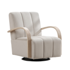 Modern Upholstered 360° Swivel Accent Chair with Solid Wood Armrests, Comfy Channel Tufted Lounge Chair in Beige