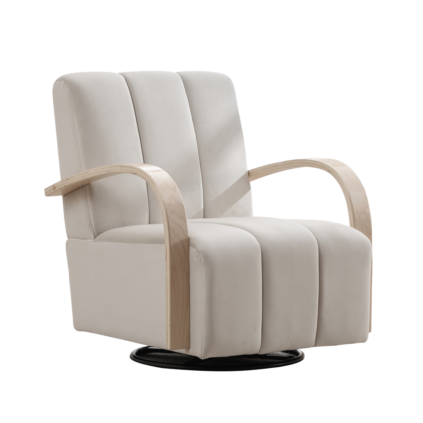 Modern Upholstered 360° Swivel Accent Chair with Solid Wood Armrests, Comfy Channel Tufted Lounge Chair in Beige