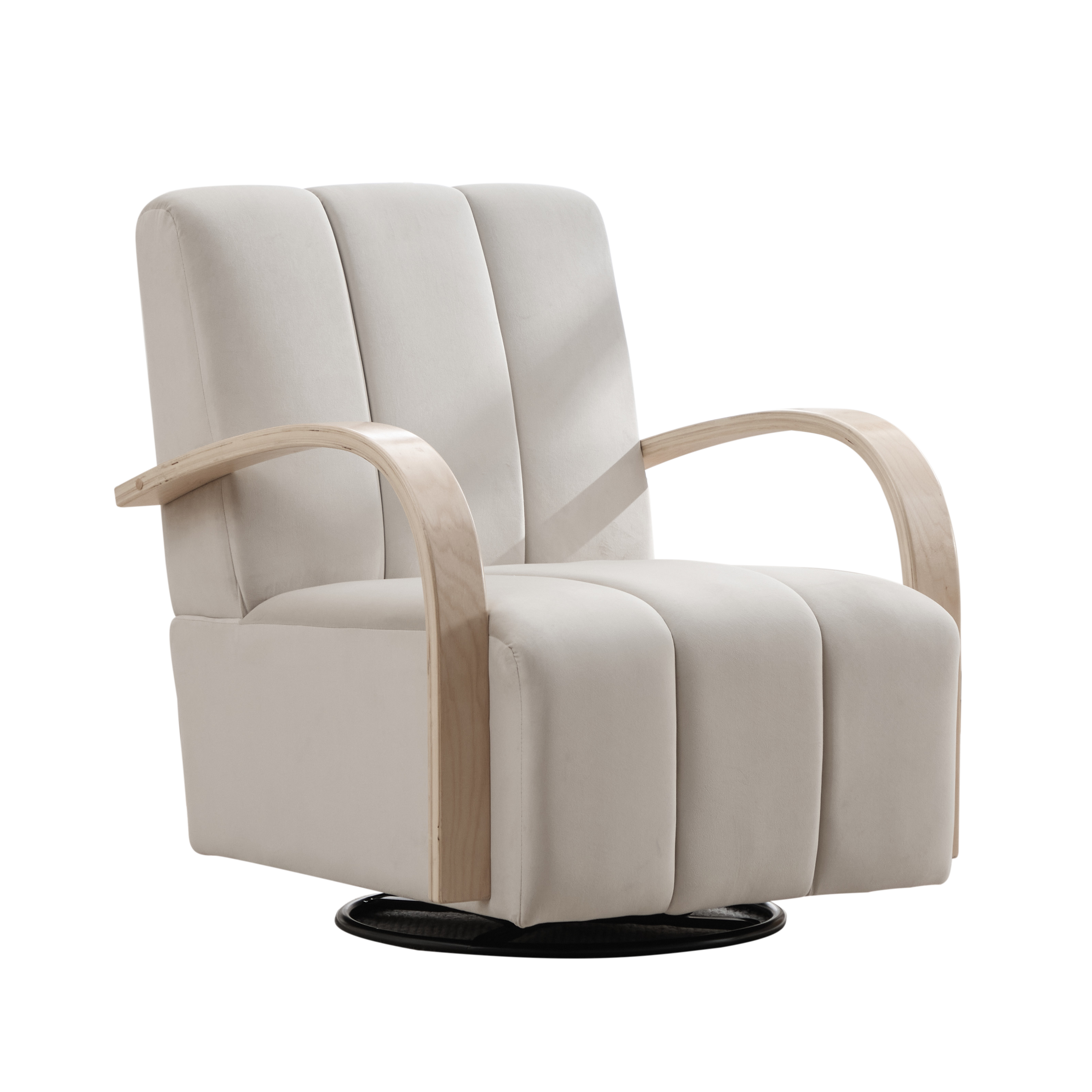 Modern Upholstered 360° Swivel Accent Chair with Solid Wood Armrests, Comfy Channel Tufted Lounge Chair in Beige