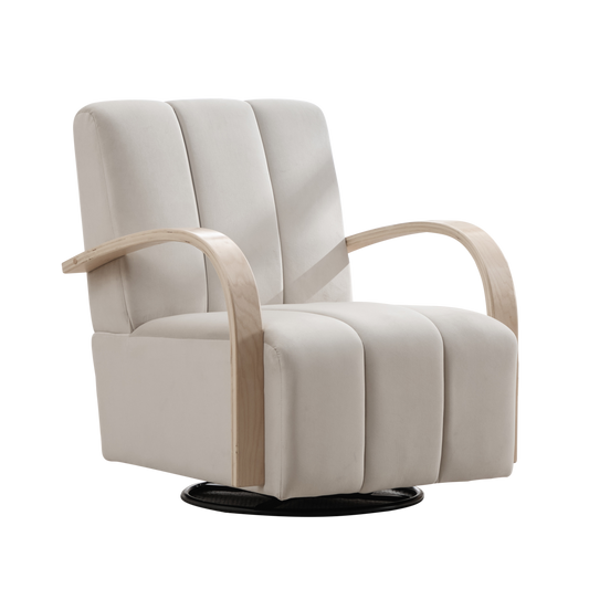 Modern Upholstered 360° Swivel Accent Chair with Solid Wood Armrests, Comfy Channel Tufted Lounge Chair in Beige