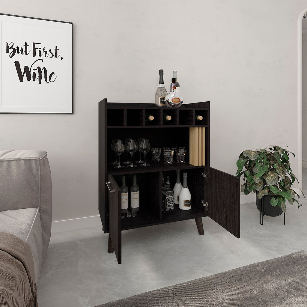 Vance 40' High Bar Cabinet with Six Bottle Cubbies, Two Double Door Cabients, Four Shelves, Living Room, Wine Rack, Liquoar Cabient Dark Wengue