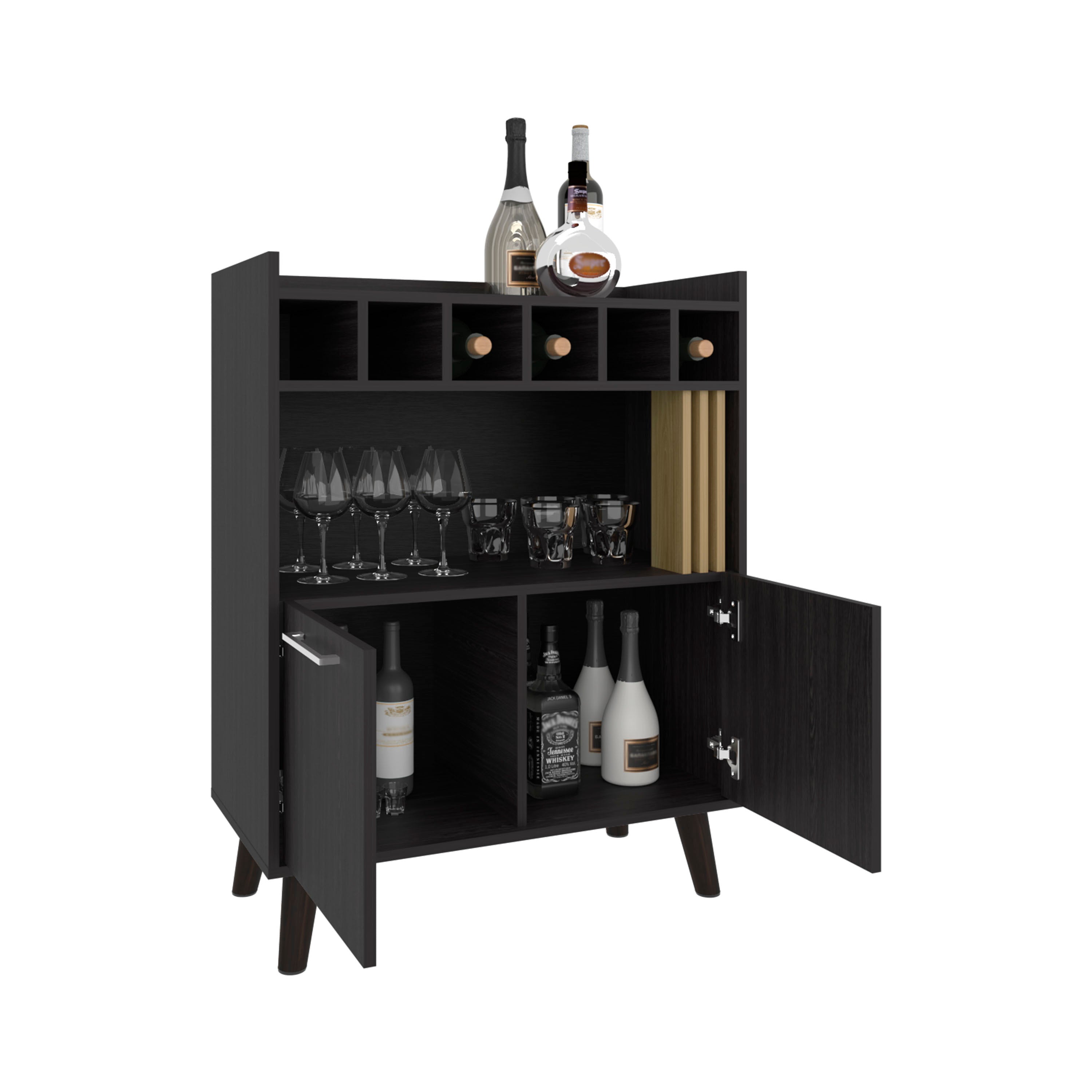 Vance 40' High Bar Cabinet with Six Bottle Cubbies, Two Double Door Cabients, Four Shelves, Living Room, Wine Rack, Liquoar Cabient Dark Wengue