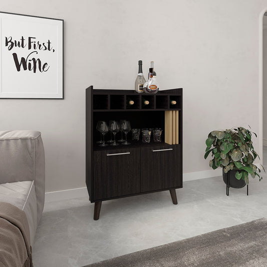 Vance 40' High Bar Cabinet with Six Bottle Cubbies, Two Double Door Cabients, Four Shelves, Living Room, Wine Rack, Liquoar Cabient Dark Wengue