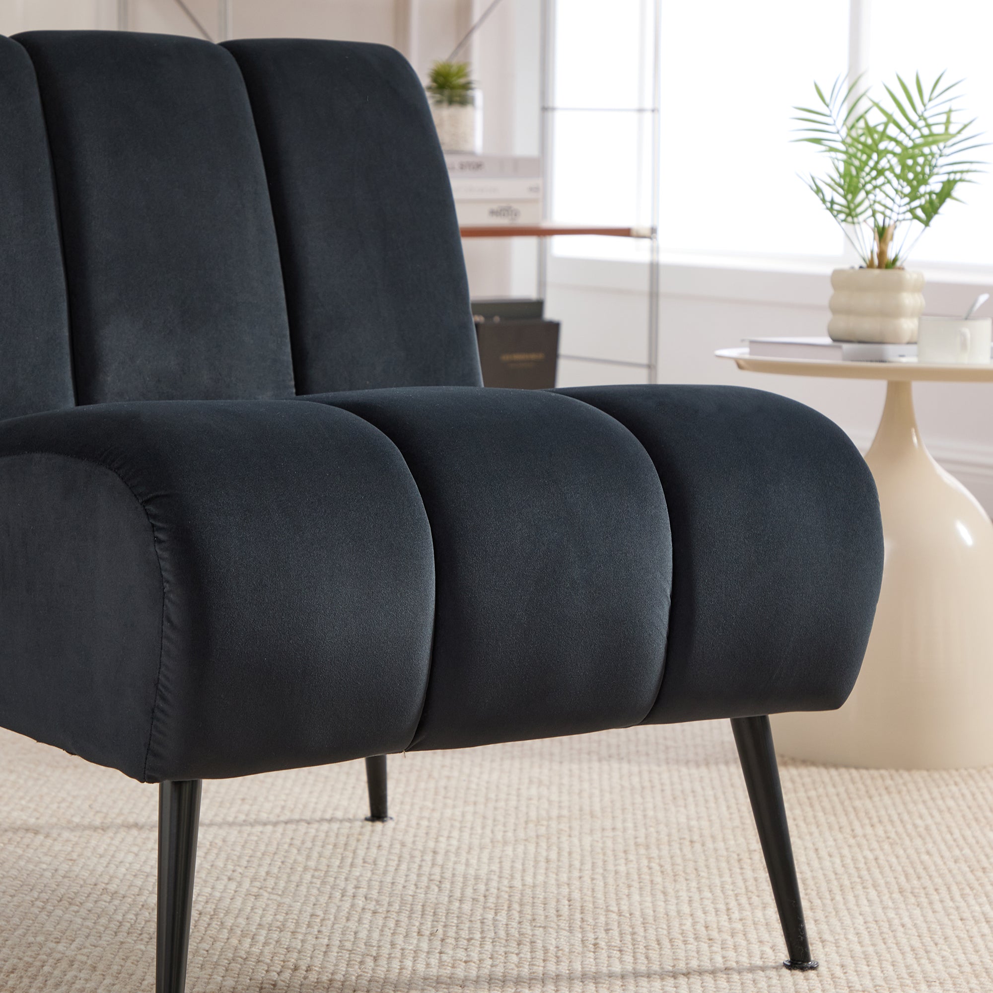 Modern Upholstered Armless Chair with Velvet Fabric and Black Metal Legs for Living Room, Bedroom, Office