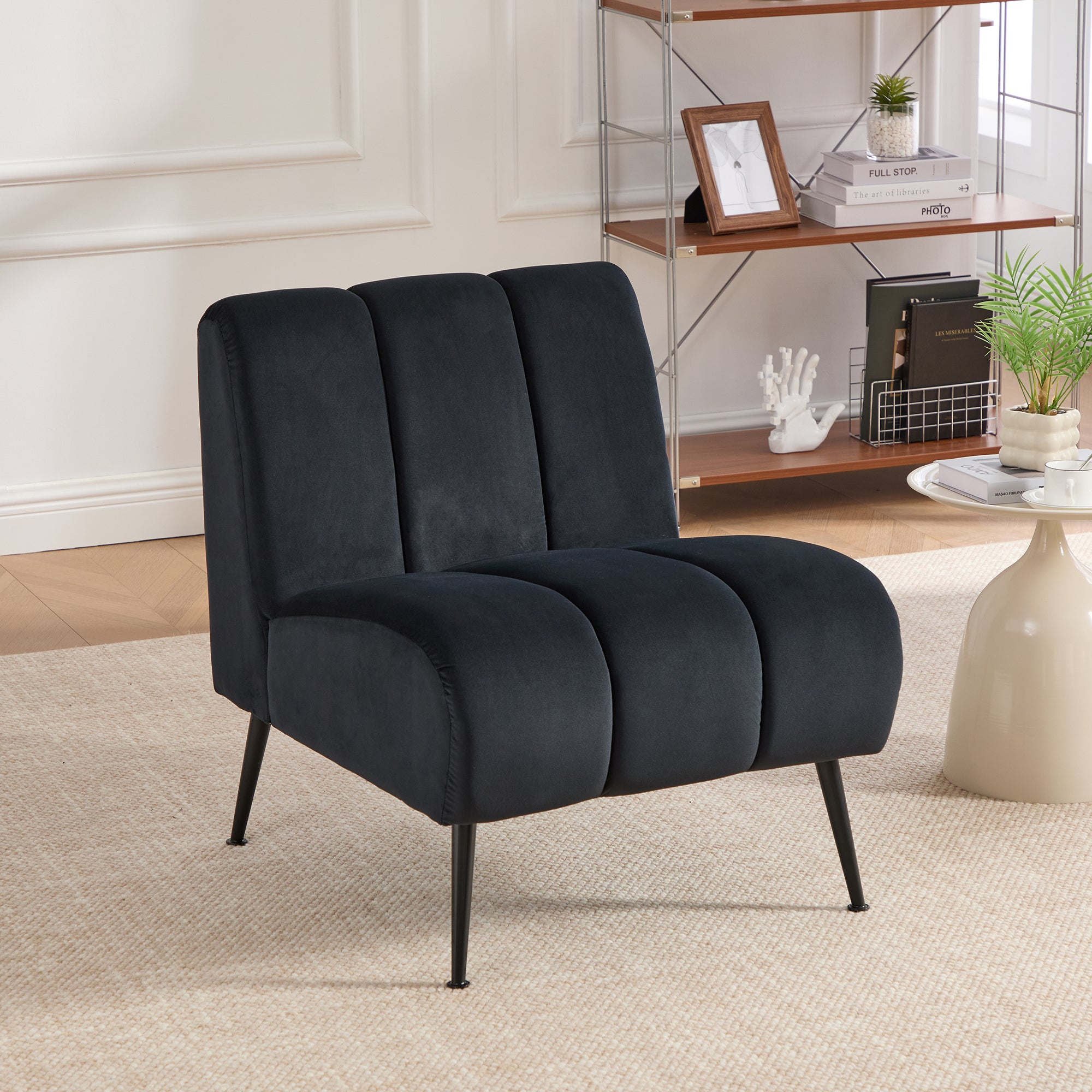 Modern Upholstered Armless Chair with Velvet Fabric and Black Metal Legs for Living Room, Bedroom, Office