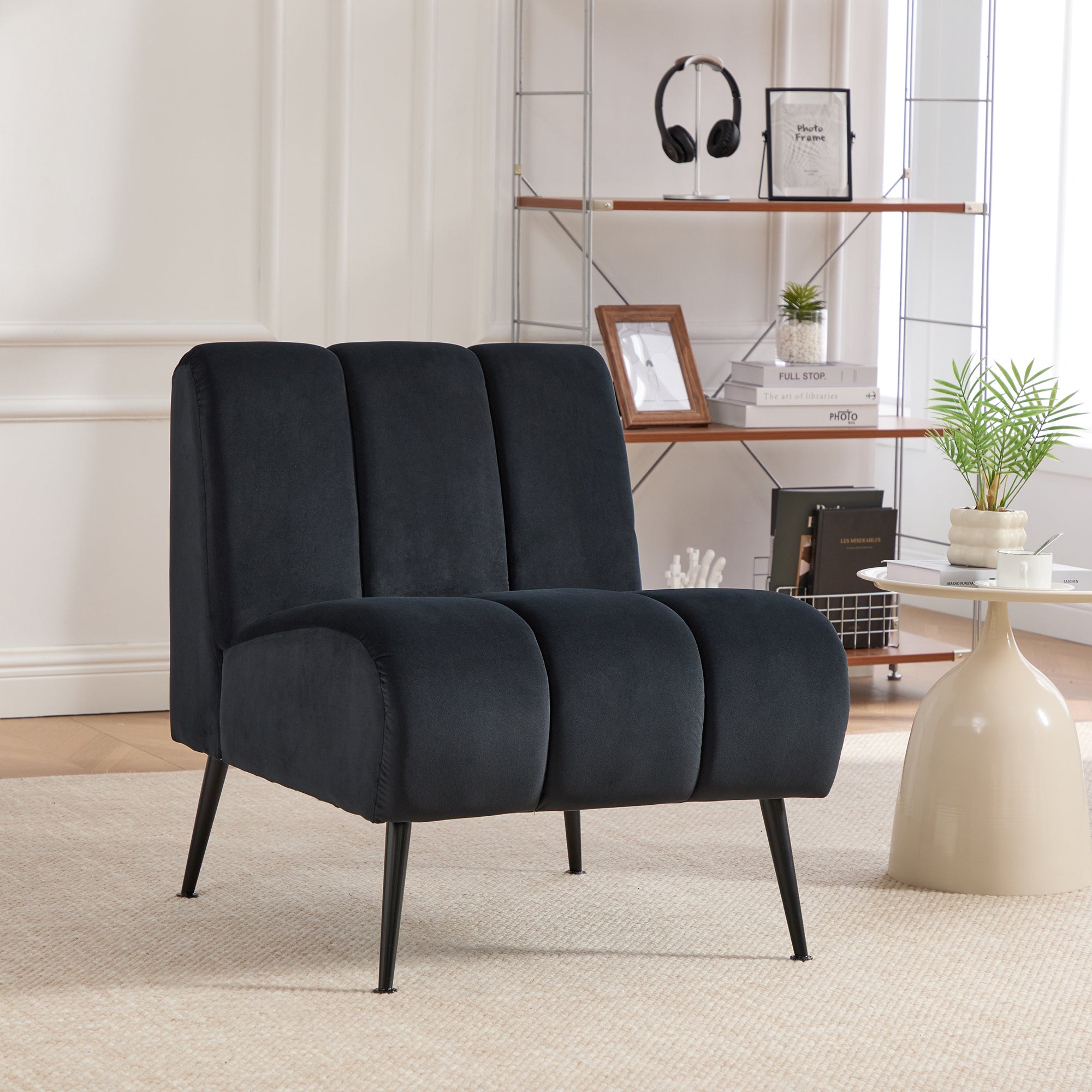 Modern Upholstered Armless Chair with Velvet Fabric and Black Metal Legs for Living Room, Bedroom, Office