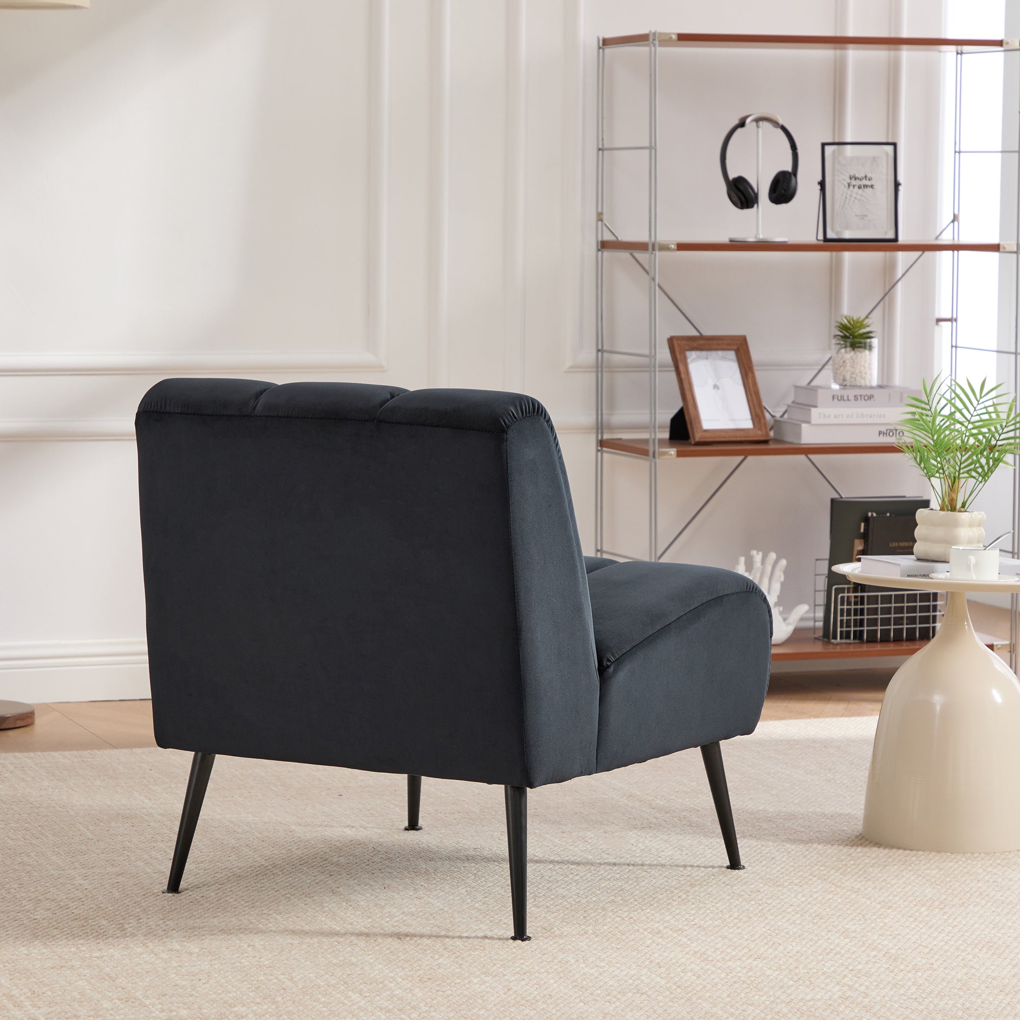 Modern Upholstered Armless Chair with Velvet Fabric and Black Metal Legs for Living Room, Bedroom, Office