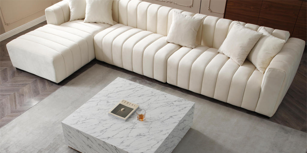 Modern Velvet L-Shape Sectional Sofa with Deep Tufting.