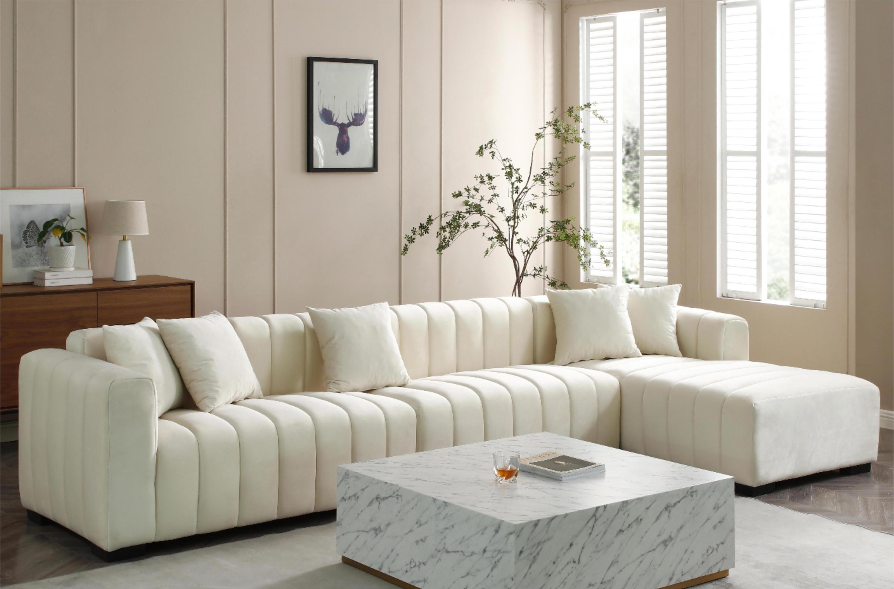 Modern Velvet L-Shape Sectional Sofa with Deep Tufting.