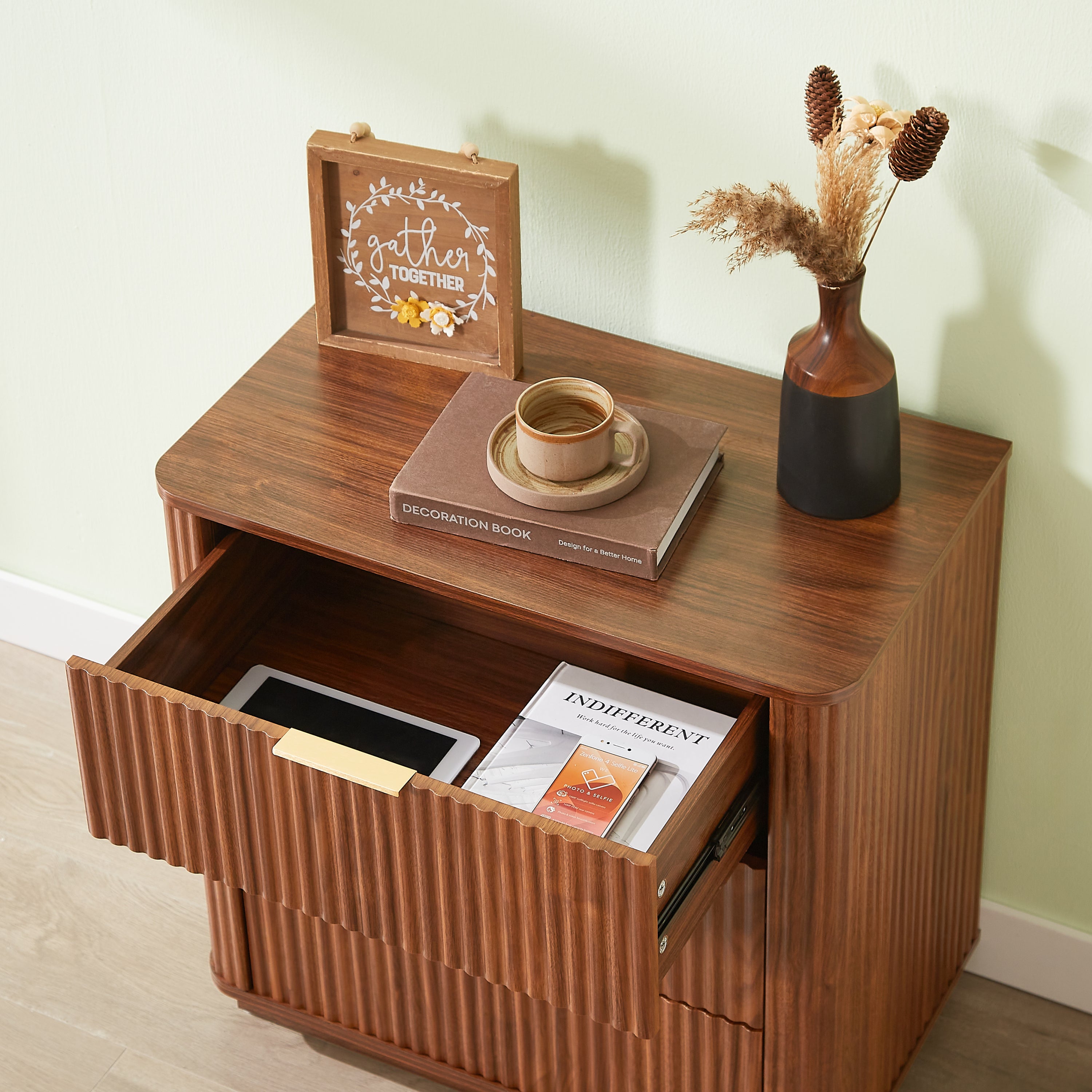 3 Drawers Drasser 2PCS, 27.6'' Wide Modern Chest of Drawers Curved wave Design,Nightstand,Wood Drawer Organizer for Bedroom, Living Room, Hallway, Walnut,27.6''W x 15.8''D x 27.4''H.