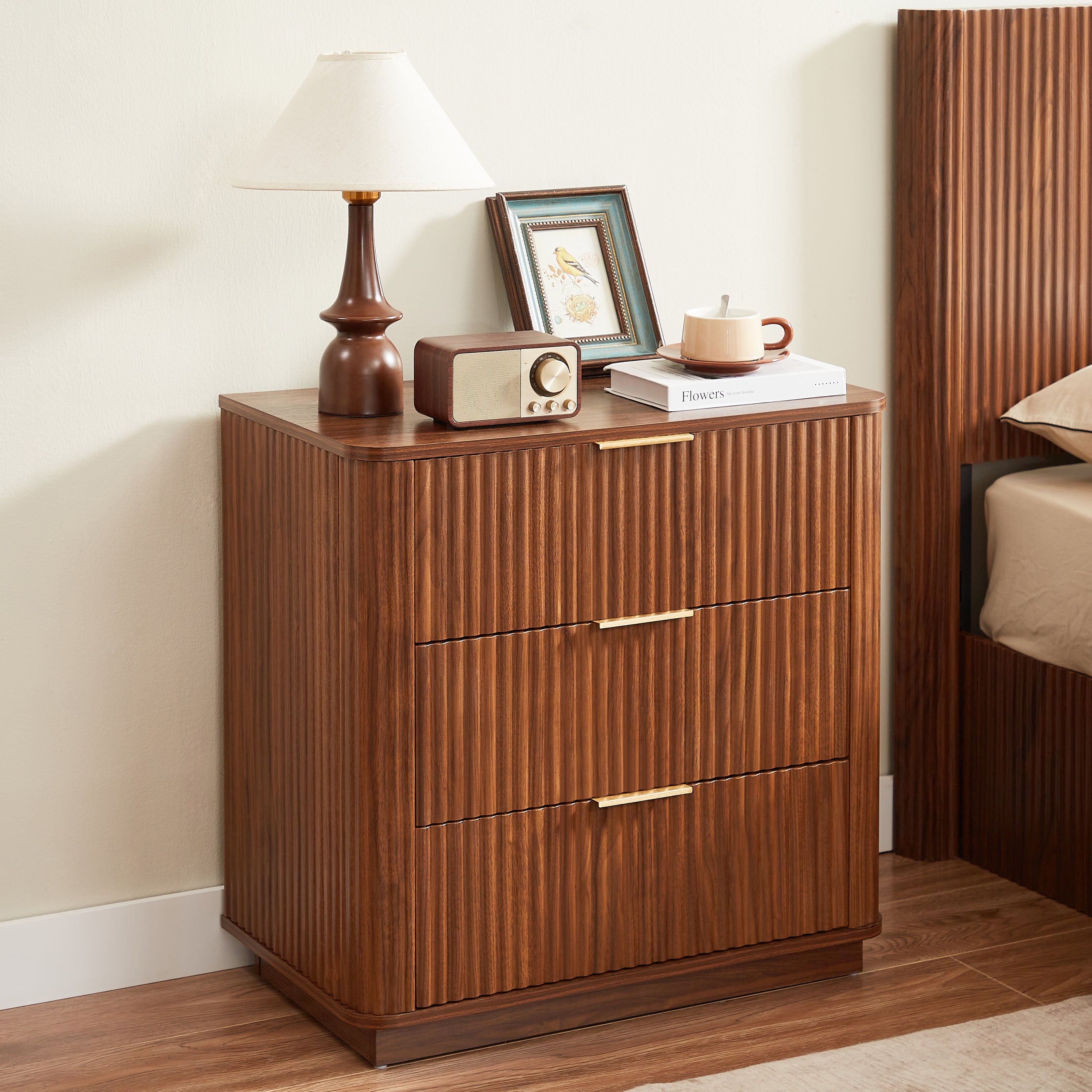 3 Drawers Drasser 2PCS, 27.6'' Wide Modern Chest of Drawers Curved wave Design,Nightstand,Wood Drawer Organizer for Bedroom, Living Room, Hallway, Walnut,27.6''W x 15.8''D x 27.4''H.