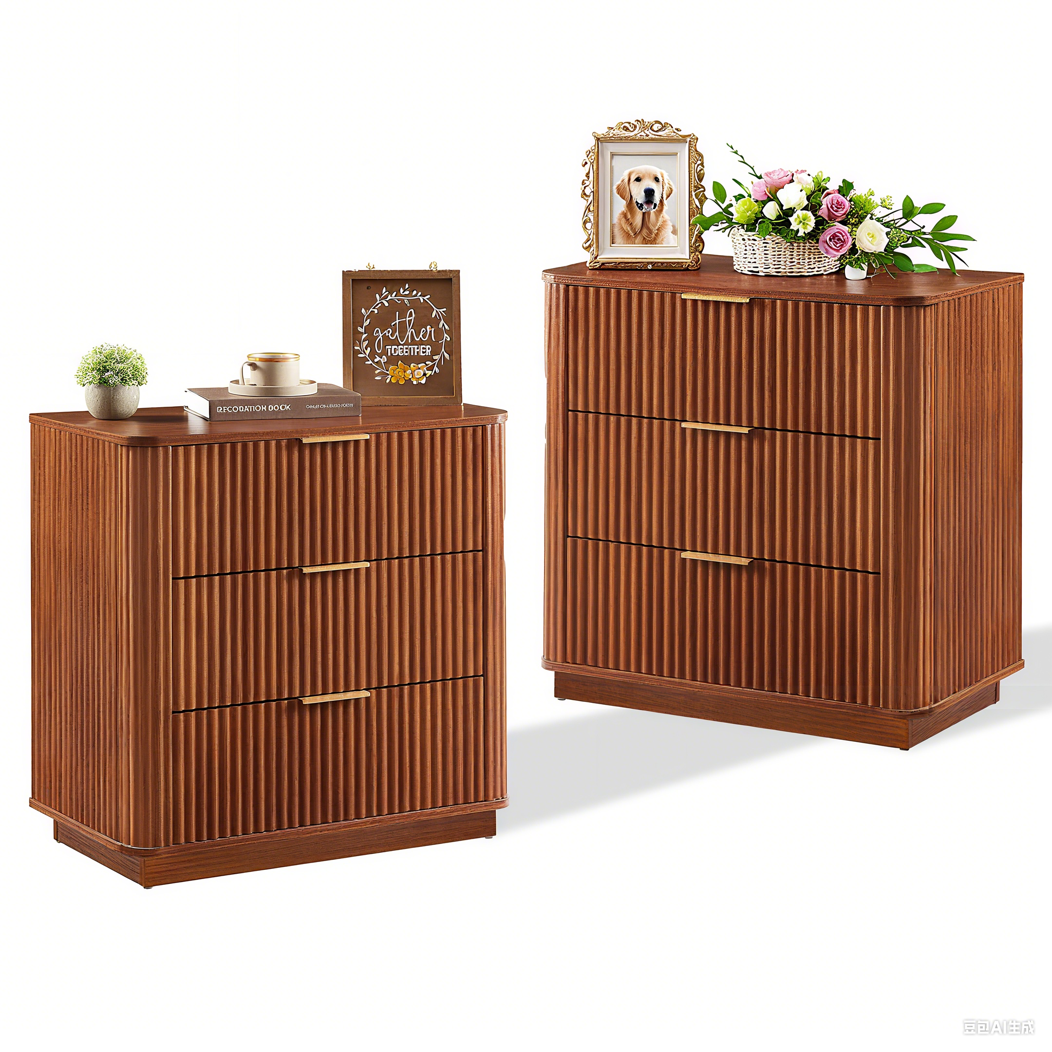 3 Drawers Drasser 2PCS, 27.6'' Wide Modern Chest of Drawers Curved wave Design,Nightstand,Wood Drawer Organizer for Bedroom, Living Room, Hallway, Walnut,27.6''W x 15.8''D x 27.4''H.