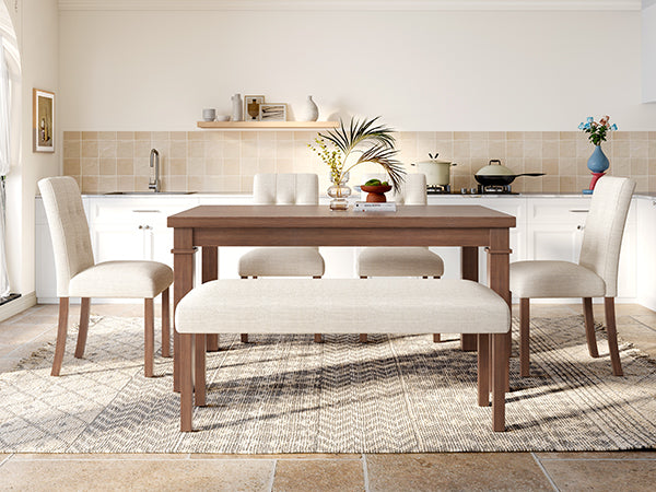 6-Piece Modern Dining Set, Rectangle Kitchen Table with 4 Upholstered Chairs & Bench, Ideal for Dining Room and Living Room, (Easy Assembly, Space Saving) Dining Table Set