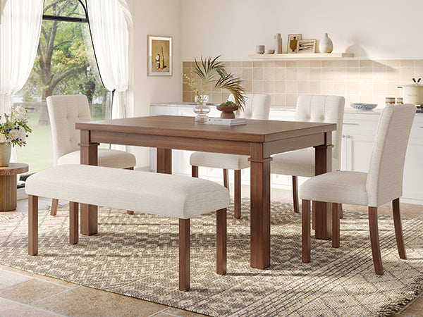6-Piece Modern Dining Set, Rectangle Kitchen Table with 4 Upholstered Chairs & Bench, Ideal for Dining Room and Living Room, (Easy Assembly, Space Saving) Dining Table Set