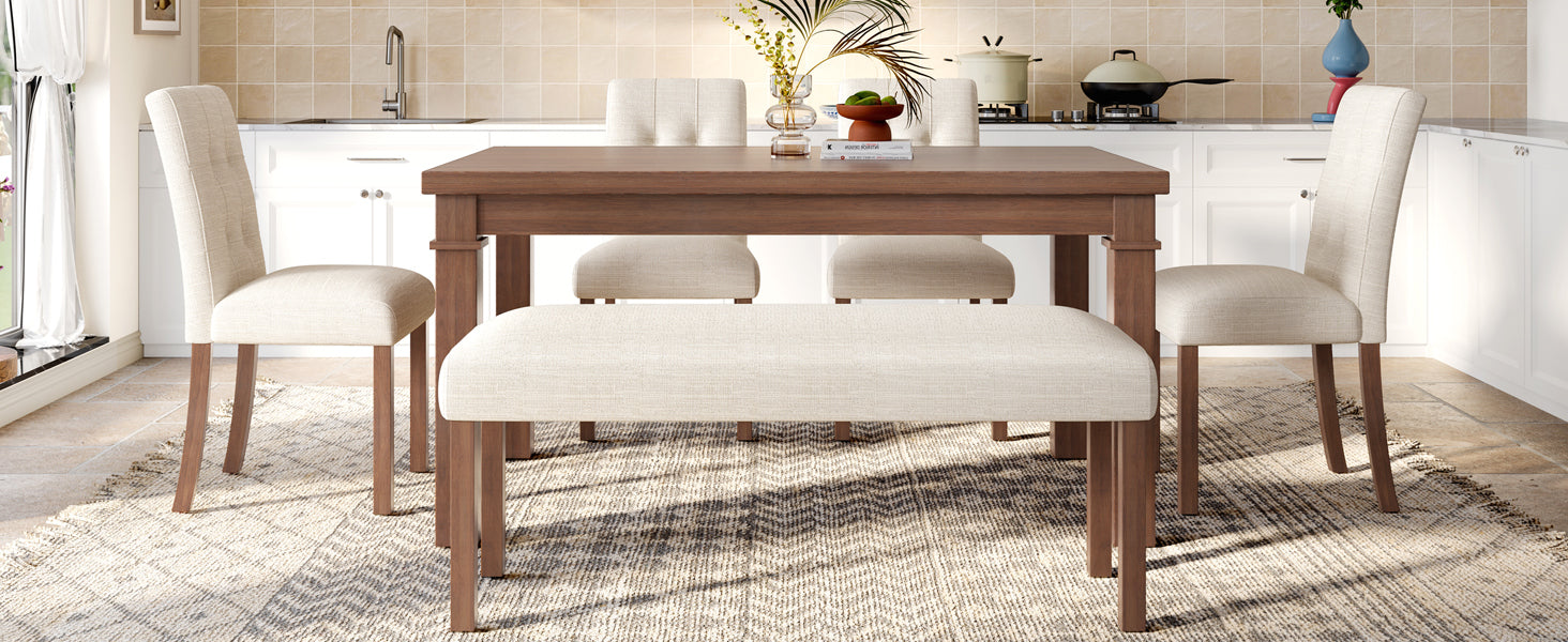 6-Piece Modern Dining Set, Rectangle Kitchen Table with 4 Upholstered Chairs & Bench, Ideal for Dining Room and Living Room, (Easy Assembly, Space Saving) Dining Table Set