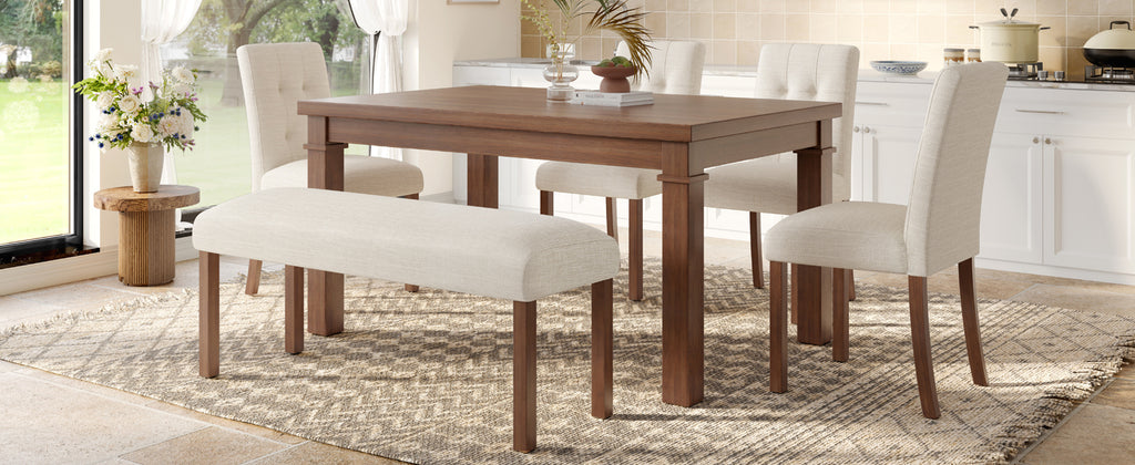 6-Piece Modern Dining Set, Rectangle Kitchen Table with 4 Upholstered Chairs & Bench, Ideal for Dining Room and Living Room, (Easy Assembly, Space Saving) Dining Table Set