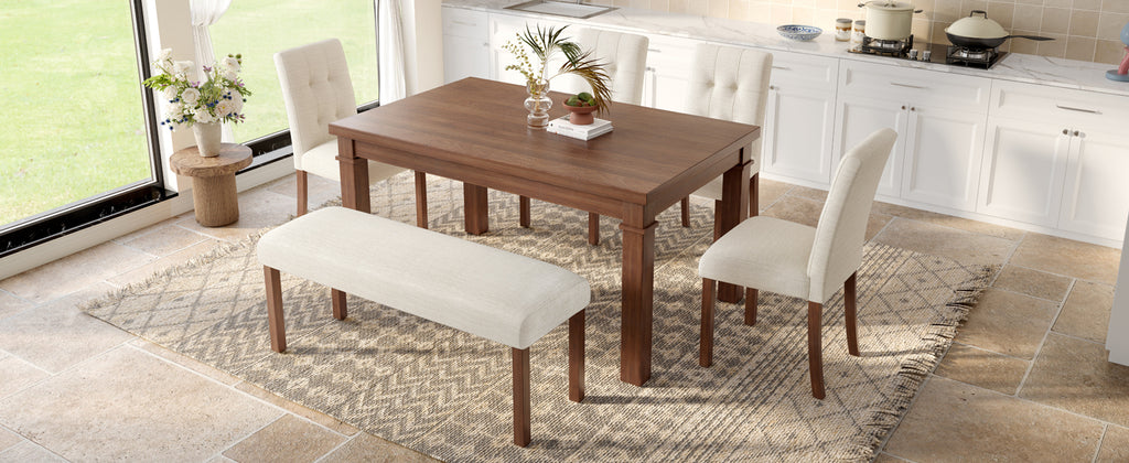 6-Piece Modern Dining Set, Rectangle Kitchen Table with 4 Upholstered Chairs & Bench, Ideal for Dining Room and Living Room, (Easy Assembly, Space Saving) Dining Table Set