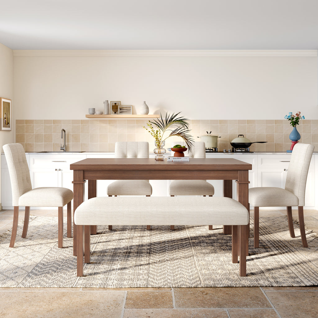 6-Piece Modern Dining Set, Rectangle Kitchen Table with 4 Upholstered Chairs & Bench, Ideal for Dining Room and Living Room, (Easy Assembly, Space Saving) Dining Table Set