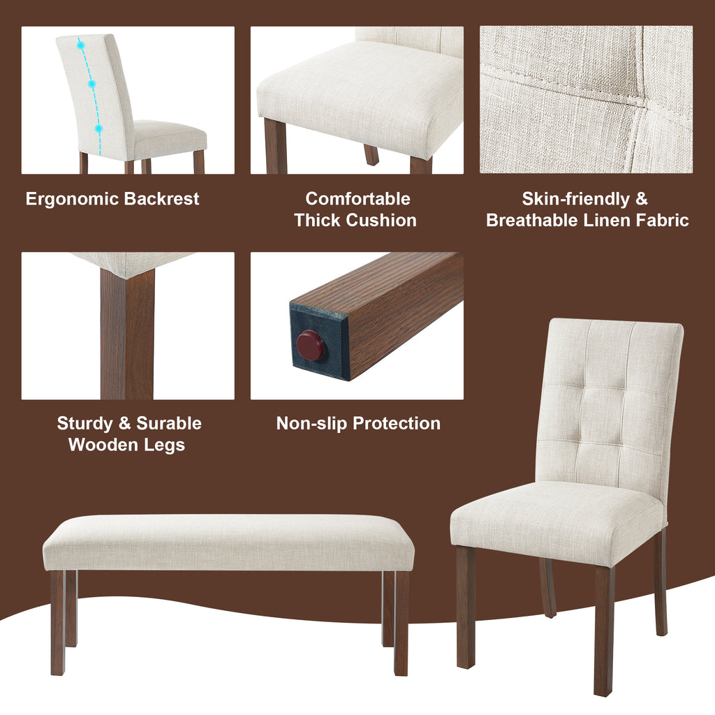 6-Piece Modern Dining Set, Rectangle Kitchen Table with 4 Upholstered Chairs & Bench, Ideal for Dining Room and Living Room, (Easy Assembly, Space Saving) Dining Table Set