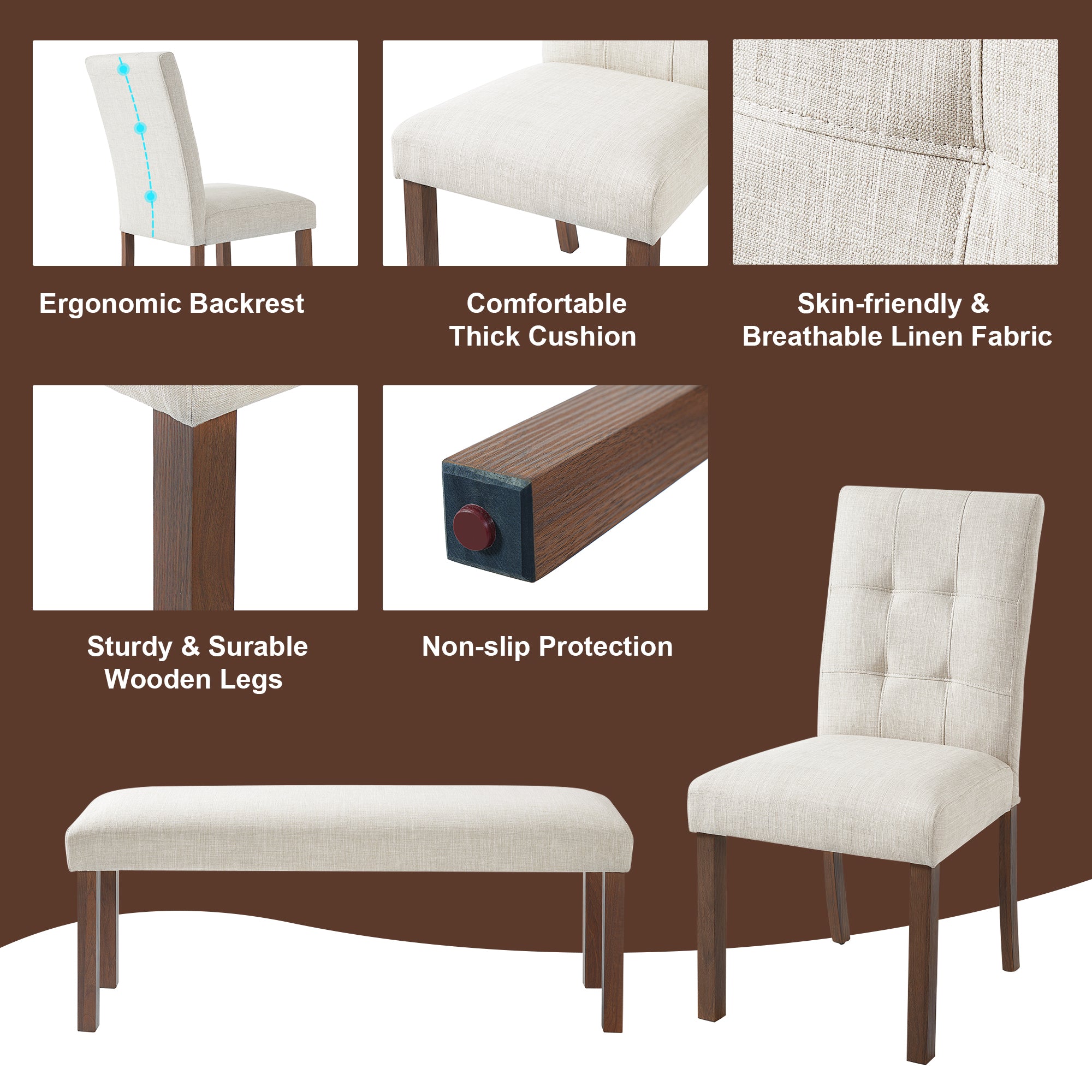 6-Piece Modern Dining Set, Rectangle Kitchen Table with 4 Upholstered Chairs & Bench, Ideal for Dining Room and Living Room, (Easy Assembly, Space Saving) Dining Table Set