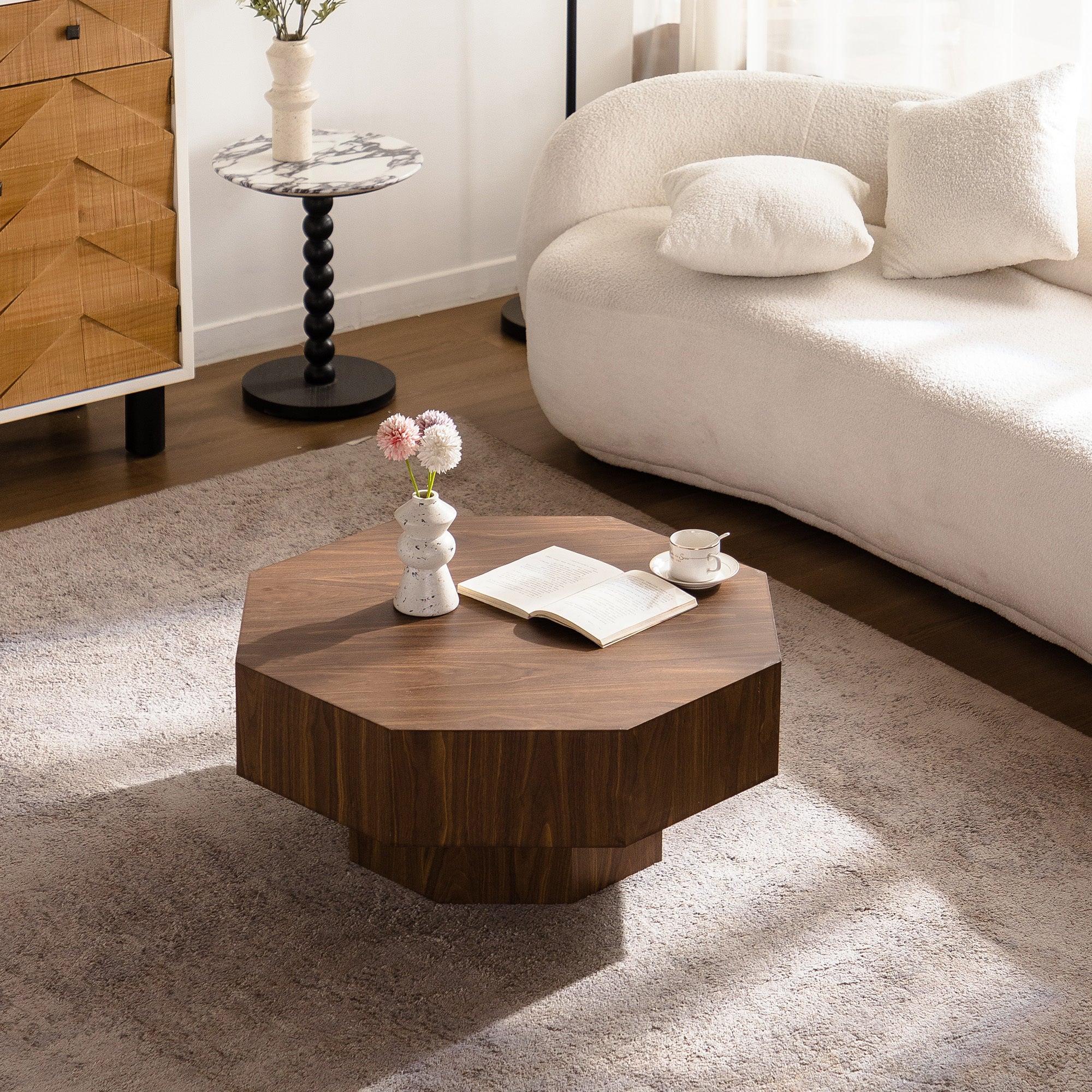 30.51 inch Coffee table Wooden Octagonal-Shaped for Living Room Walnut Suitable for Bedroom, Living Room, Office Coffee Table