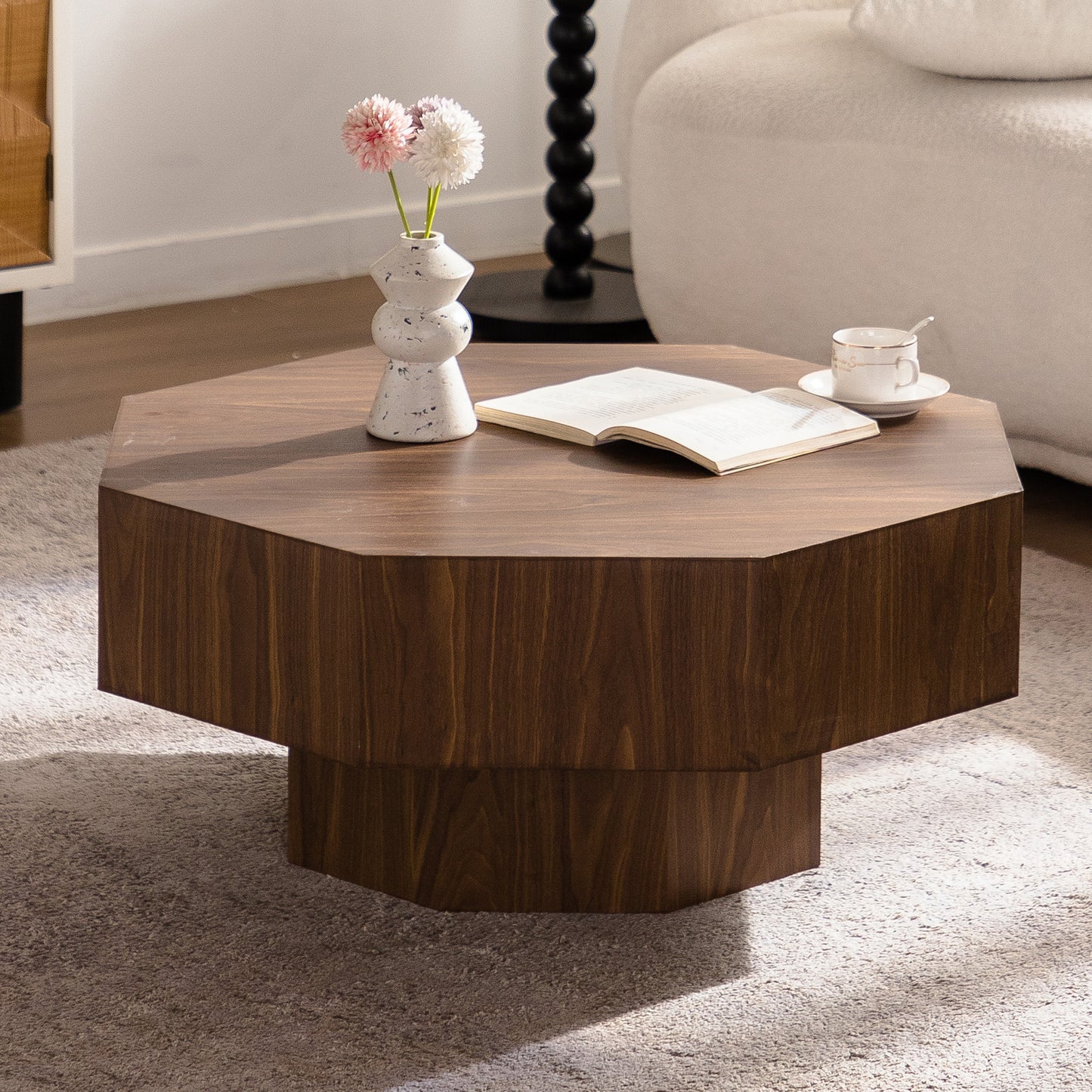 30.51 inch Coffee table Wooden Octagonal-Shaped for Living Room Walnut Suitable for Bedroom, Living Room, Office Coffee Table