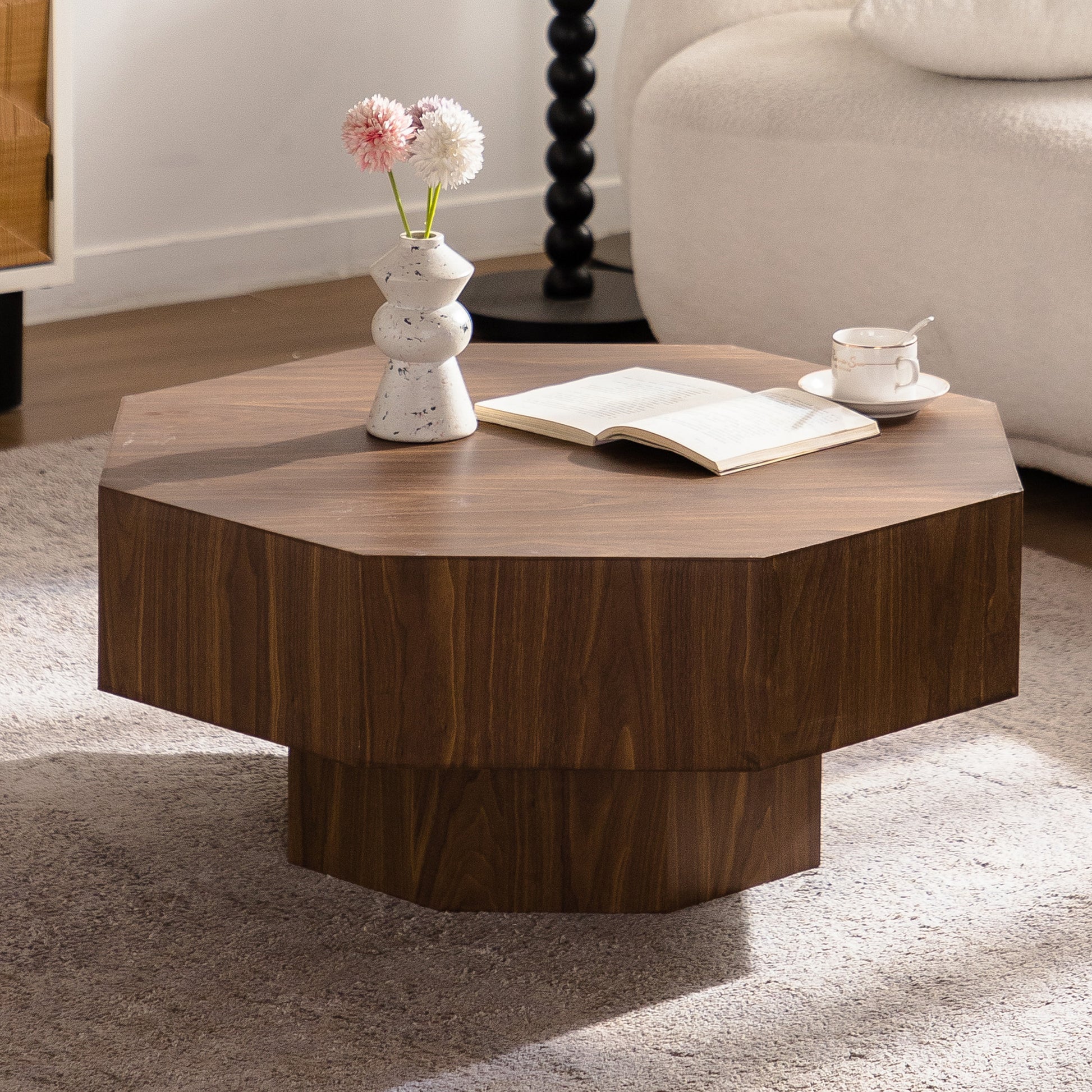 30.51 inch Coffee table Wooden Octagonal-Shaped for Living Room Walnut Suitable for Bedroom, Living Room, Office Coffee Table