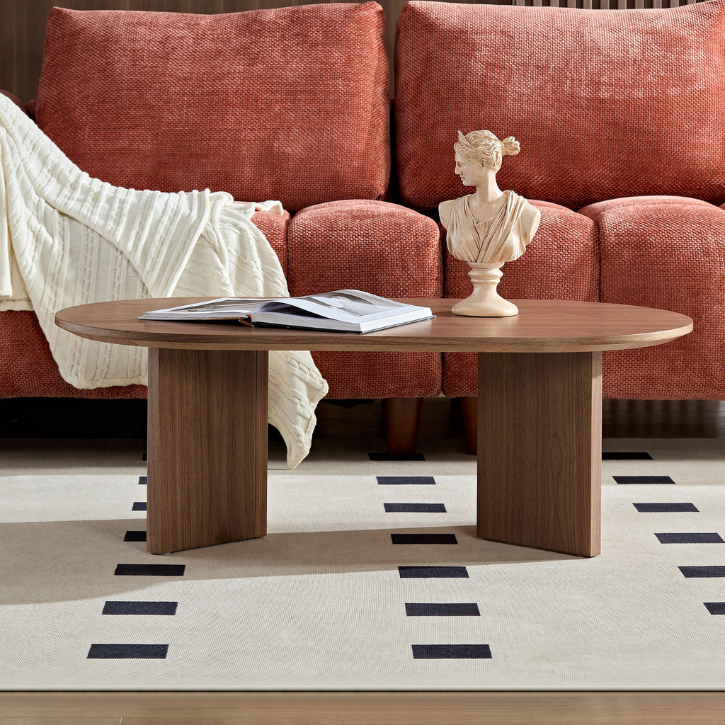 Length 39.37 Inch Modern Coffee Table,MDF Oval Coffee Table for Living Room,Small Coffee Table with Sturdy Pedestal for Apartment,Bedroom,Walnut