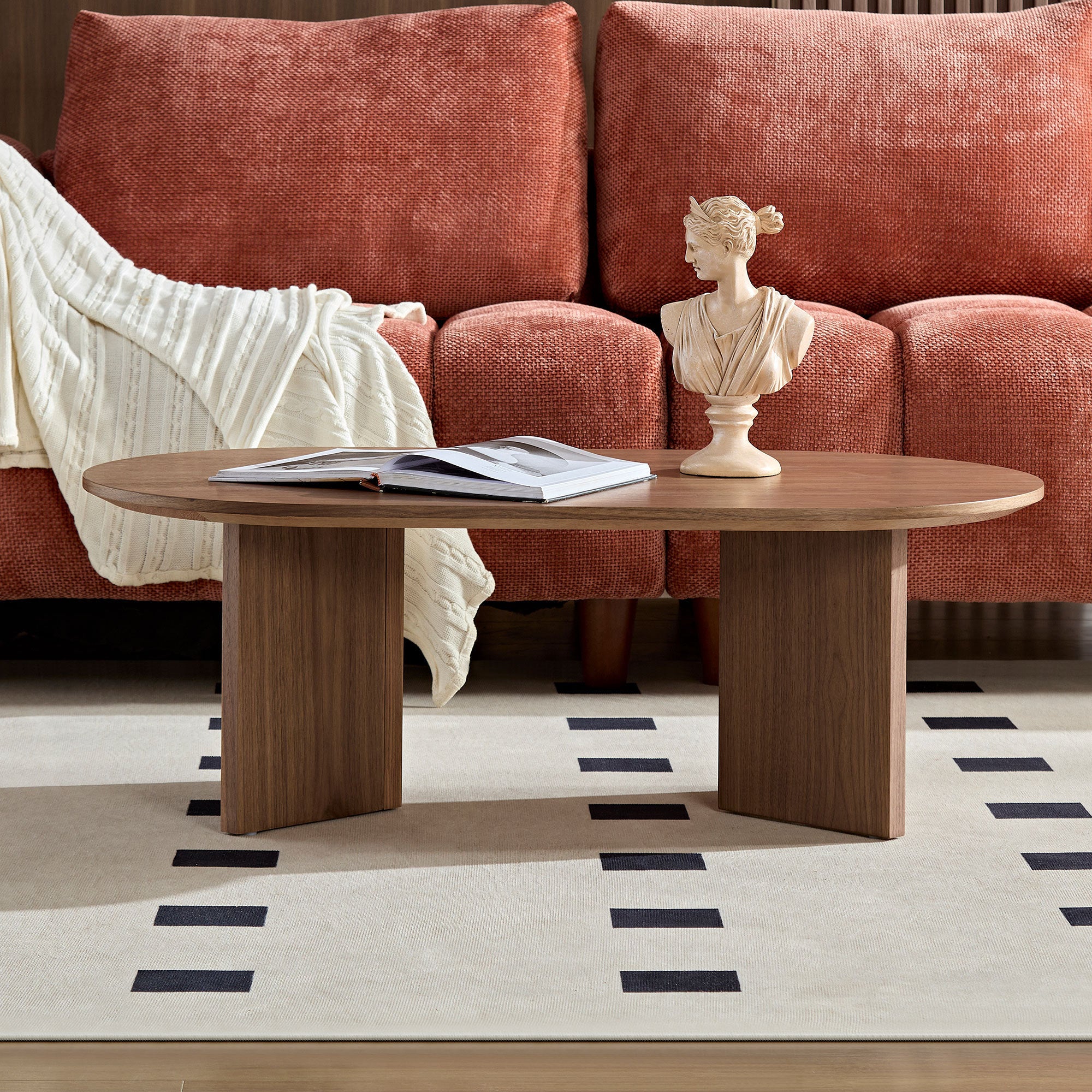 Length 39.37 Inch Modern Coffee Table,MDF Oval Coffee Table for Living Room,Small Coffee Table with Sturdy Pedestal for Apartment,Bedroom,Walnut