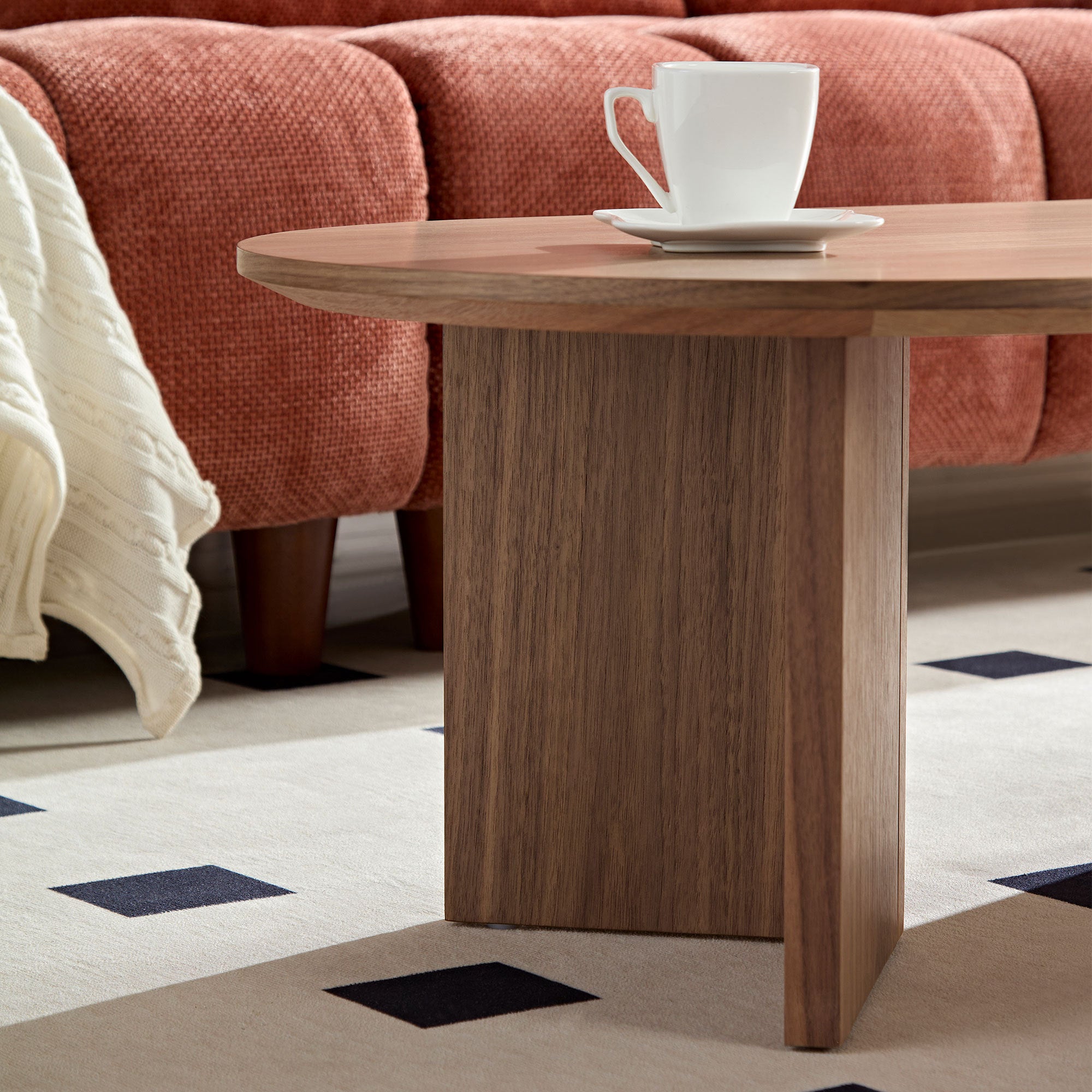 Length 39.37 Inch Modern Coffee Table,MDF Oval Coffee Table for Living Room,Small Coffee Table with Sturdy Pedestal for Apartment,Bedroom,Walnut