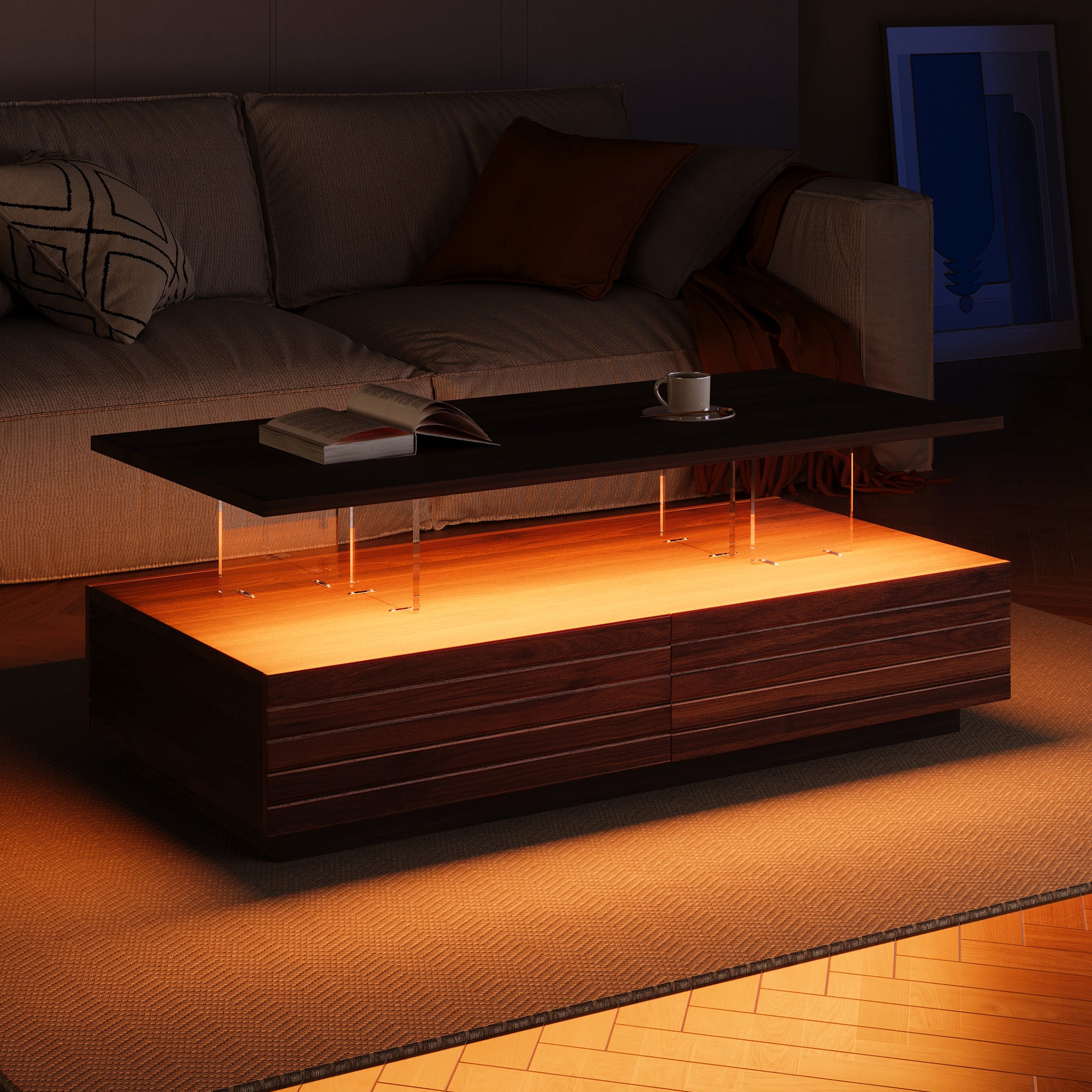 Modern Walnut Rectangular LED Lights Coffee Table with 2 drawers in 47.2'